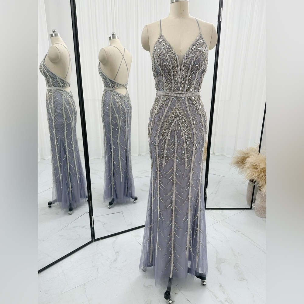 Gown size M(6) gray luxury hand beaded dress